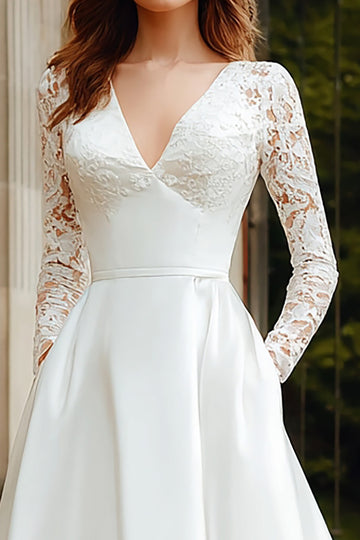 Ivory A-Line V-Neck Long Sleeve Wedding Dress With Lace